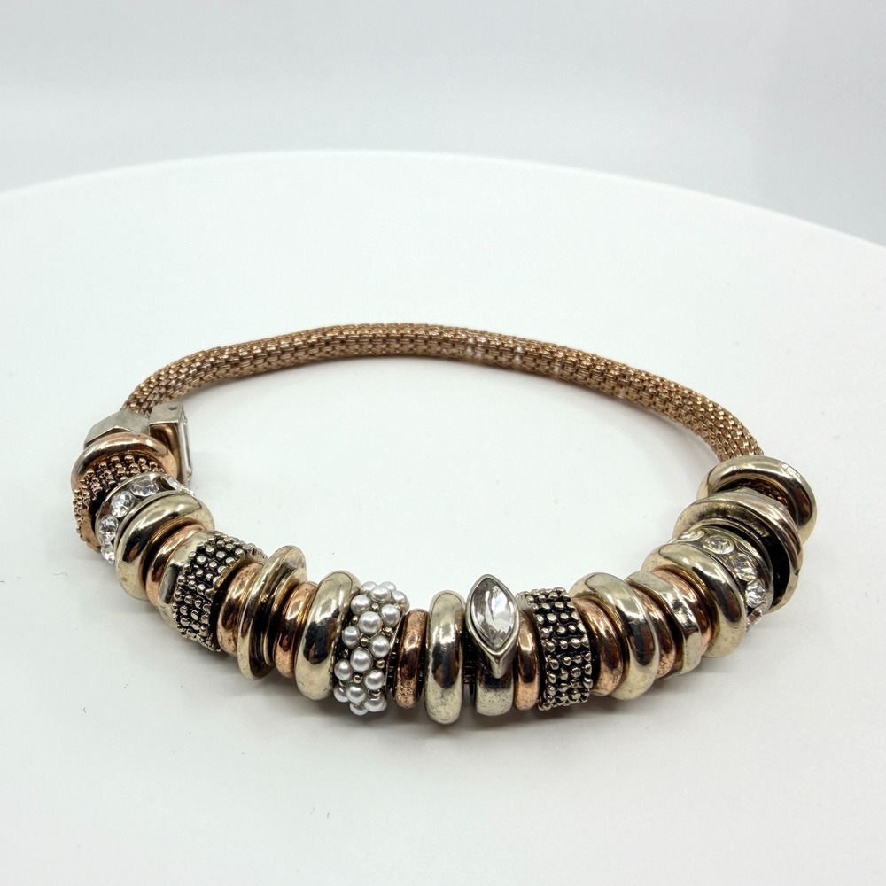 Vintage Y2K Mixed Metal Charm Slide Bracelet Mesh Band Rhinestone Pearl Accents